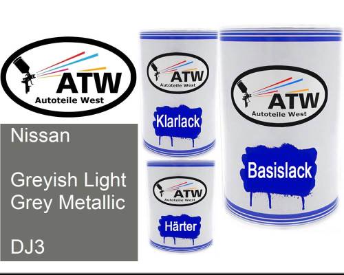 Nissan, Greyish Light Grey Metallic, DJ3: 500ml Lackdose + 500ml Klarlack + 250ml Härter - Set, von ATW Autoteile West.
